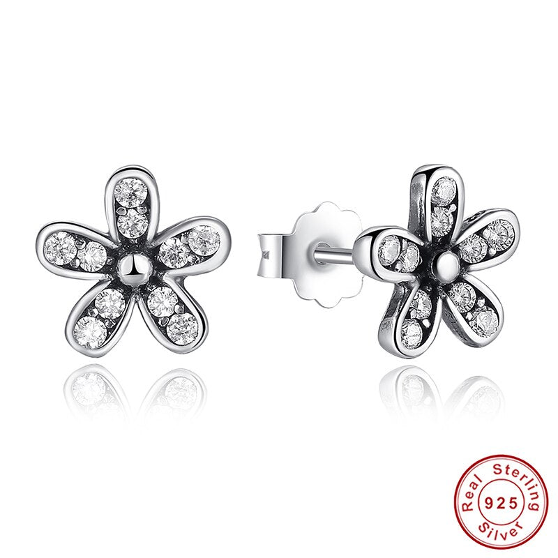 925 Sterling Silver Dazzling Flower Daisy Stud Earrings