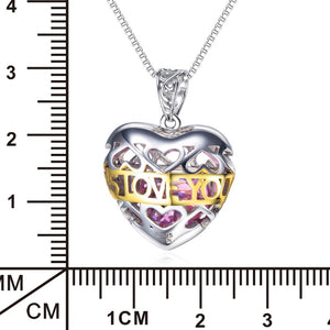925 Sterling Silver Pink Stone Hollow Love Heart Necklace