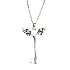 Angel Wings Key Silver Pendant Long Chain Necklace