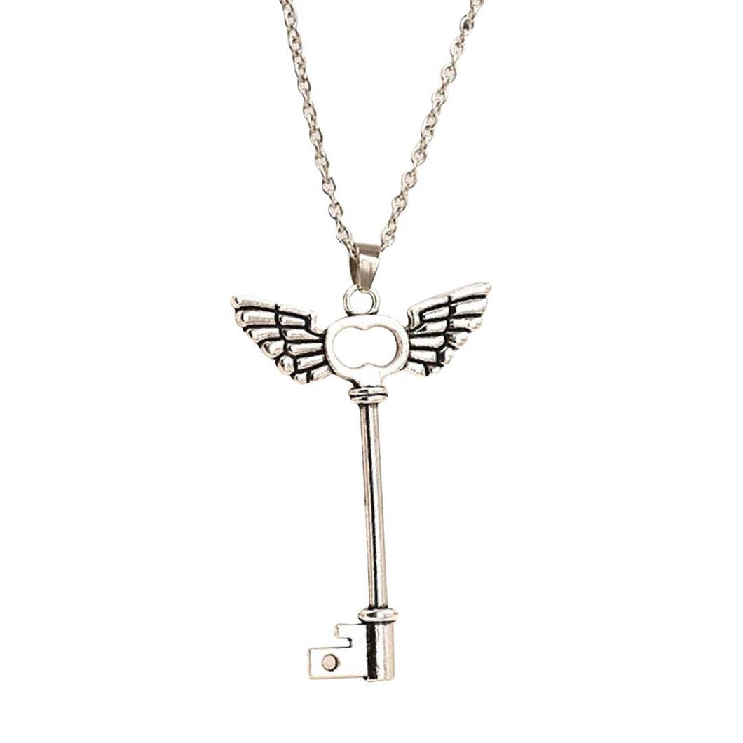 Angel Wings Key Silver Pendant Long Chain Necklace